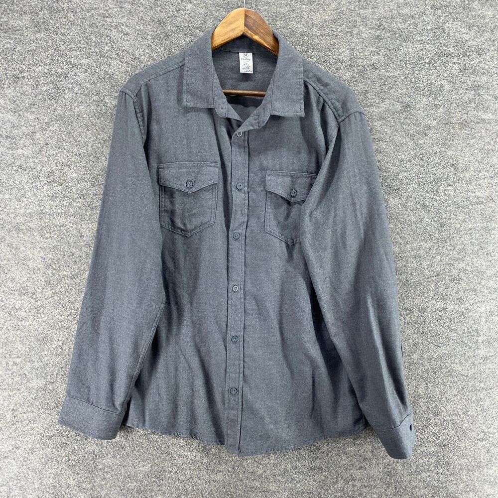 Hurley Shirt Men L Large Gray Button Up Collared Long Sleeve Cotton Pockets